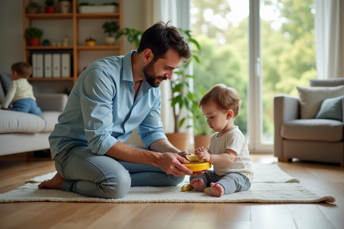 Pere aidant son bebe à manger avec un filet à nourriture dans le salon