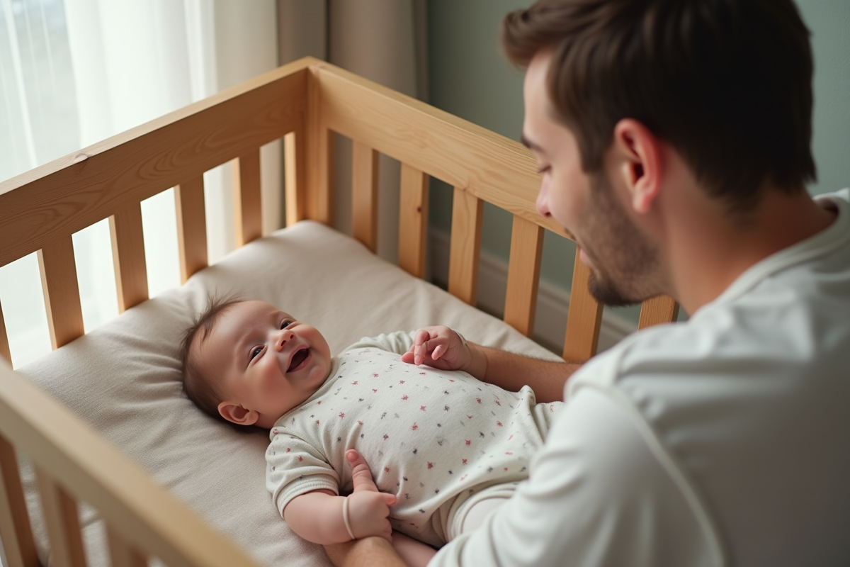 Papa souriant regardant sa fille dans un lit moderne