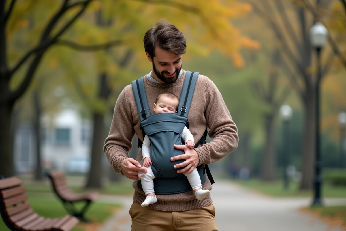 Jeune papa avec bébé dans un porte-bébé en parc urbain