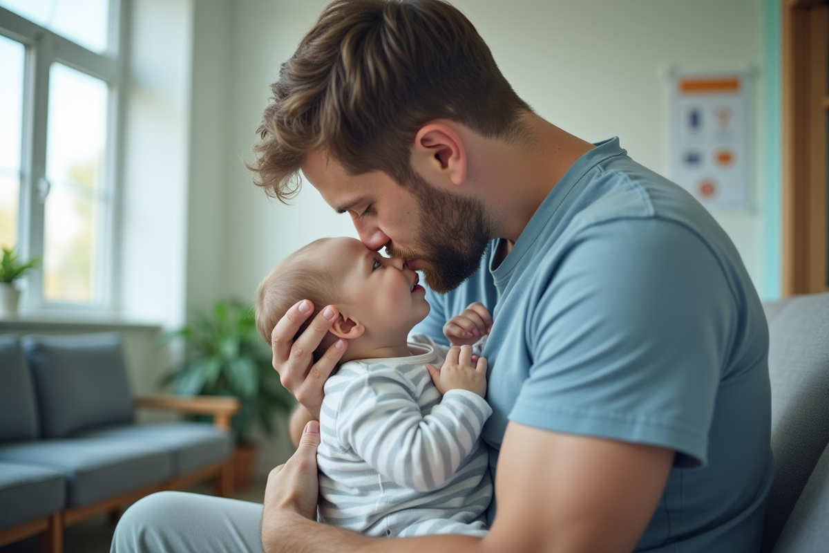 Pere tenant son bebe en clinique dans une salle d attente
