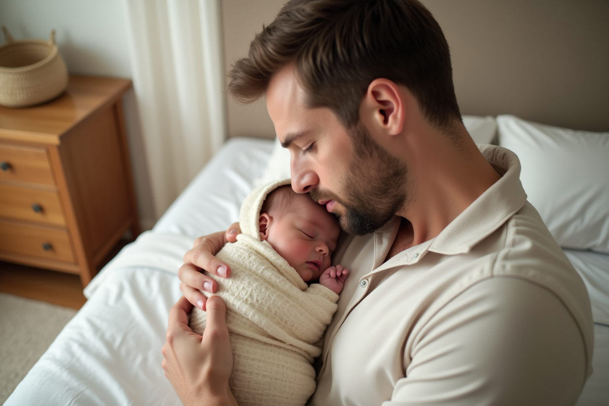 Père tenant tendrement sa fille nouveau née dans un berceau