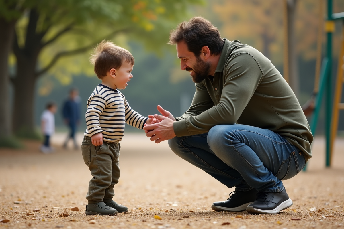 Père parlant à son fils frustré dans un parc urbain