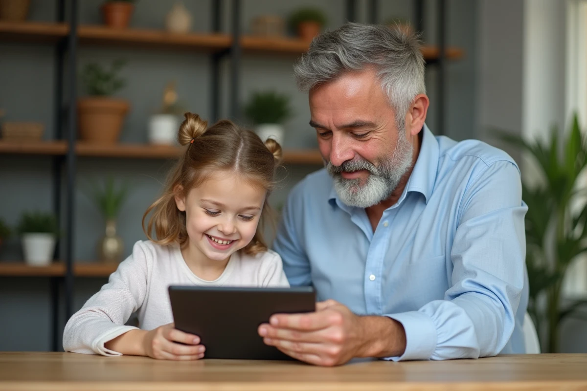 Père et fille regardant une tablette à la table en intérieur