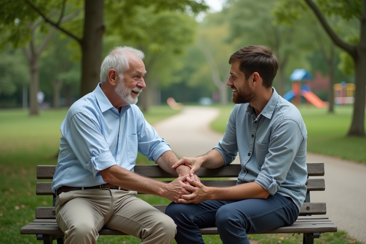 Père et fils discutent sur un banc dans un parc