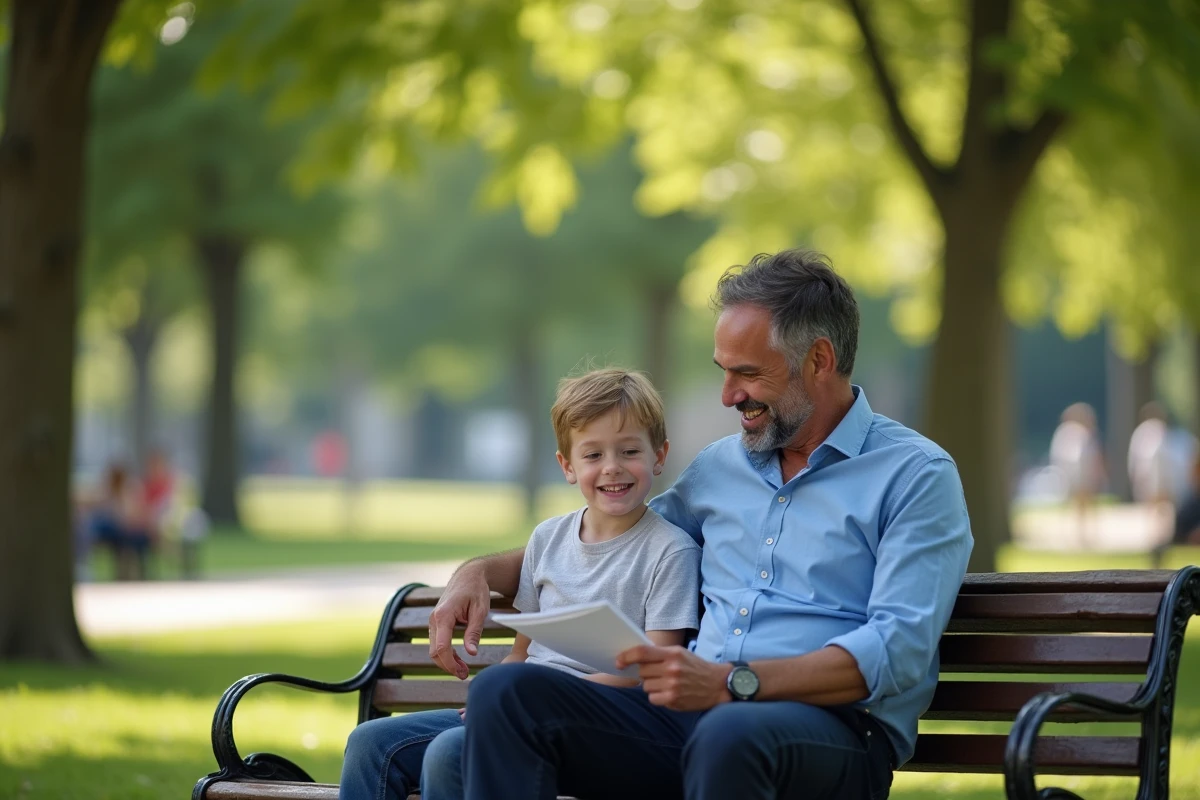 Père et fils partageant un moment au parc avec sourires sincères