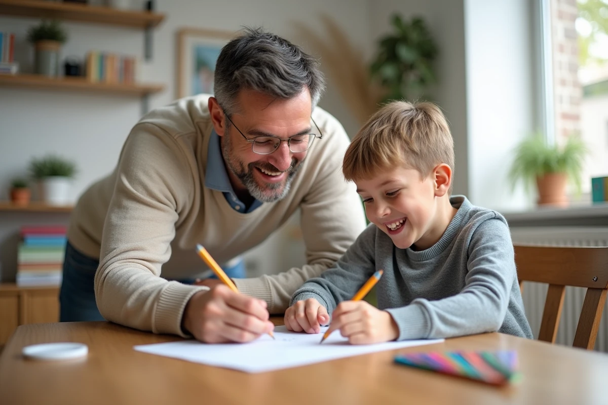 Père et fils travaillant ensemble sur un projet scolaire à la maison