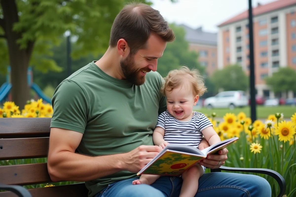 Papa tenant sa fille riant avec livre illustré dans le parc