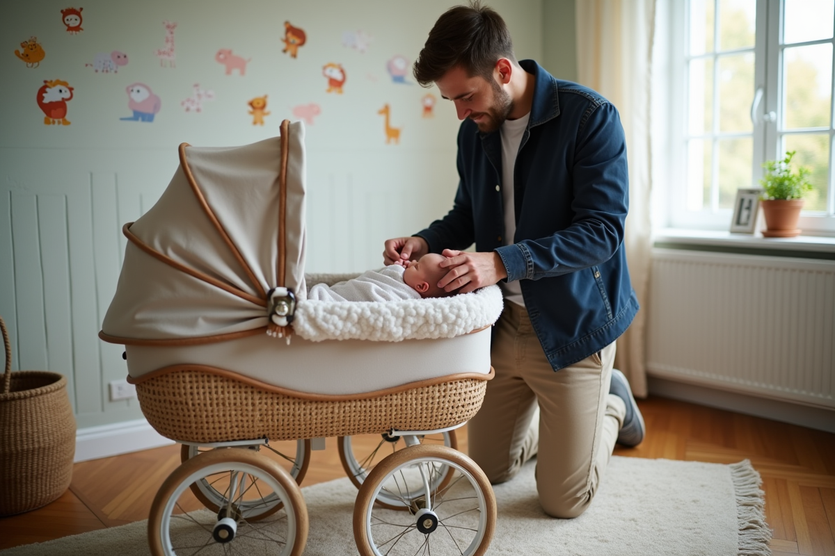 Pere plaçant son nouveau-ne dans une poussette en nurserie