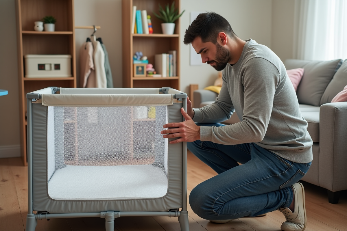 Pere examinant l étiquette du matelas dans un salon familial