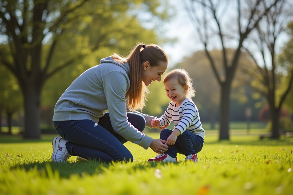 Parent attachant les chaussures de l