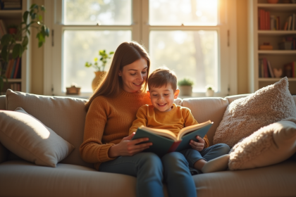Parent lisant une histoire à un enfant dans un salon lumineux