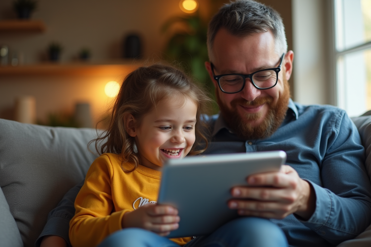Parent et enfant regardant une tablette ensemble à la maison