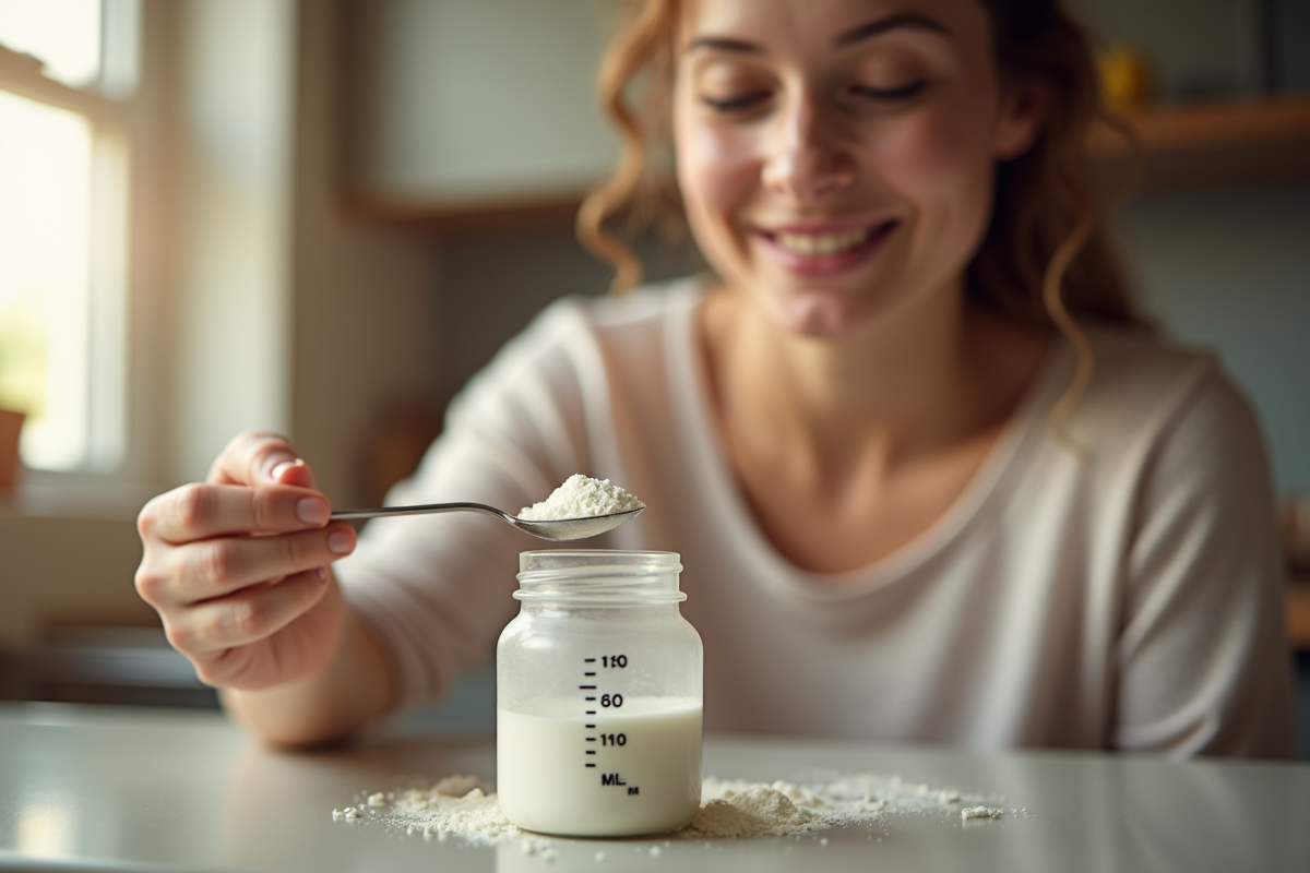 Parent souriant mesurant la formule dans la cuisine