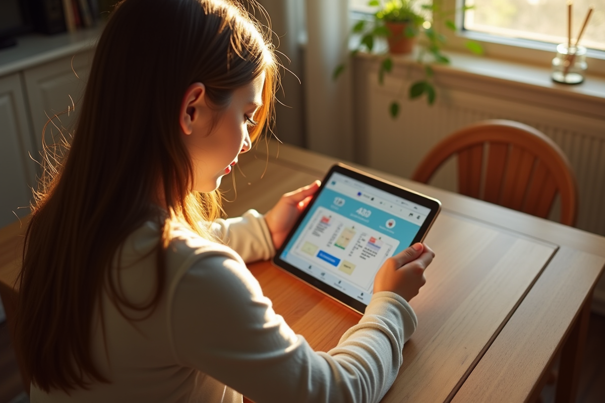 Parent utilisant une tablette pour consulter des infos scolaires le matin