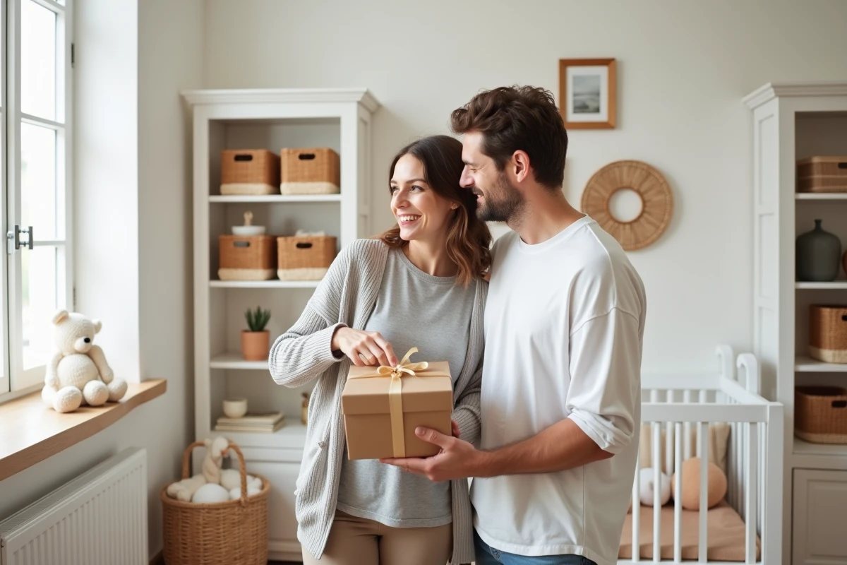 Couple de jeunes parents dans une chambre bébé décorée en tons terracotta et blanc, tenant un cadeau de naissance assorti à la décoration intérieure