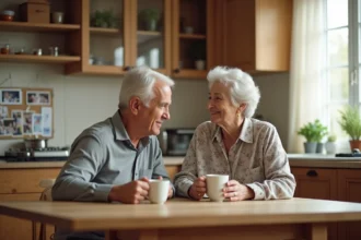 Parents âgés partageant un moment de vie quotidienne dans leur cuisine, illustrant la reconstruction familiale après des épreuves