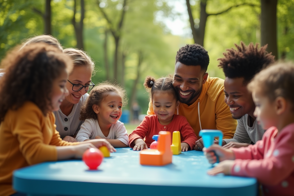 Groupe de parents jouant avec enfants dans un parc urbain ensoleille