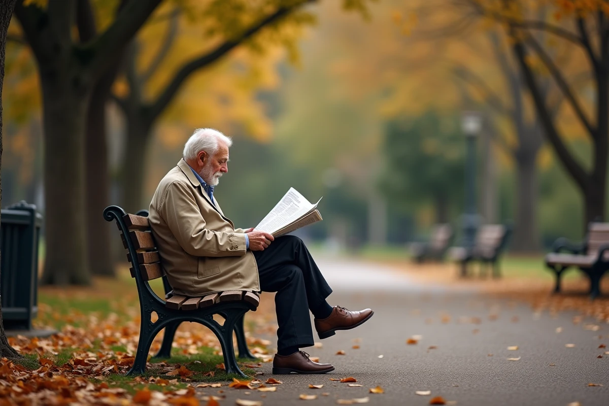 Homme âgé pensif assis sur un banc de parc en automne, symbolisant la solitude et la résilience après une reconstruction de vie