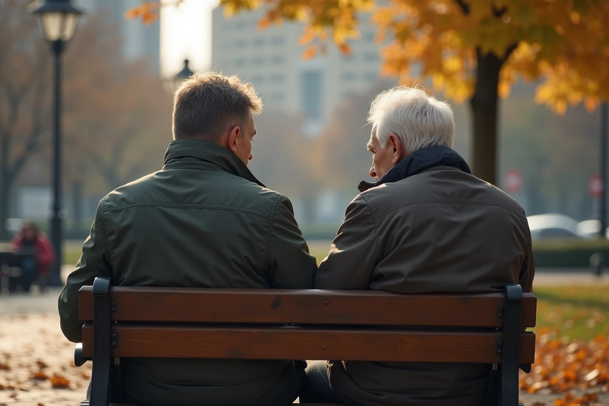 Fils et père assis sur un banc dans un parc en automne