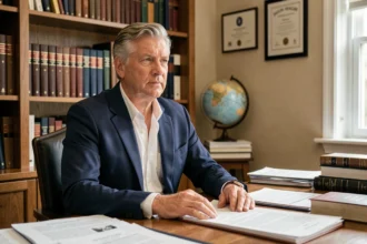 Portrait d'un homme influent assis à son bureau entouré de livres, illustrant la gestion de la pression médiatique pour une personnalité publique