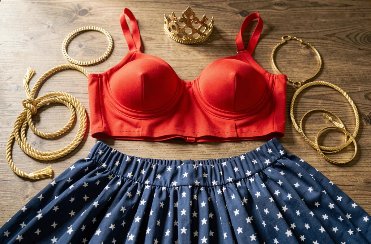 Pièces d'un costume de Wonder Woman posées sur une table
