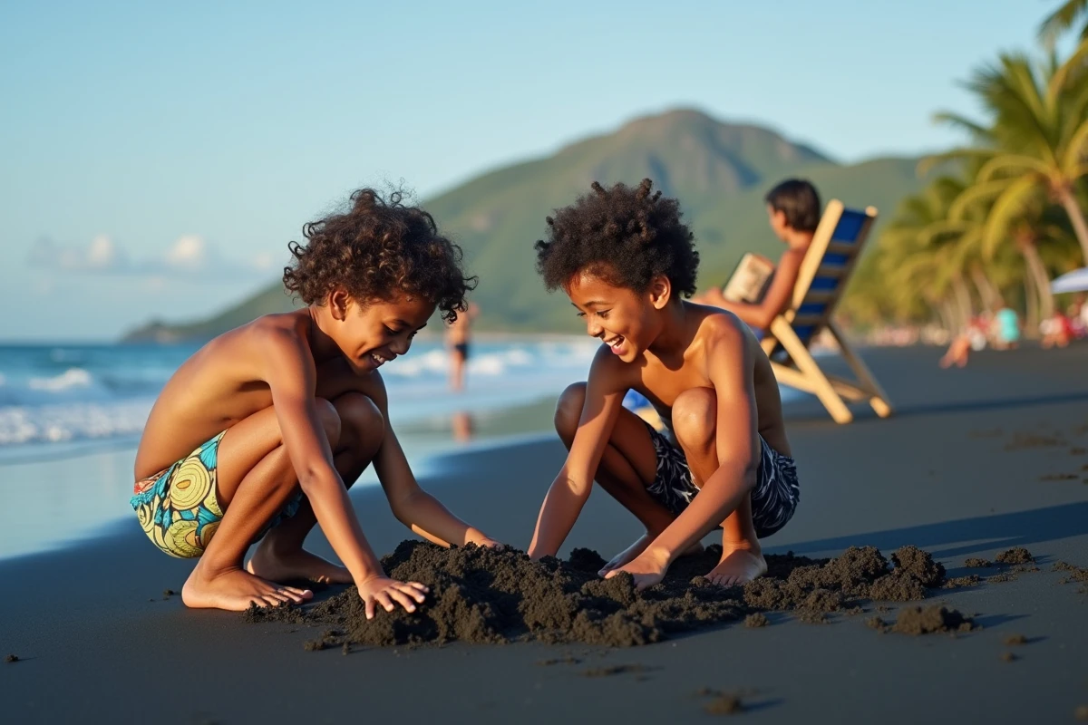 Enfants jouant sur une plage de sable noir à La Réunion pendant les vacances scolaires sous la surveillance d'un adulte