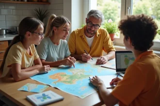 Famille réunissant autour d'une table pour planifier les vacances scolaires à La Réunion avec des cartes et un ordinateur portable