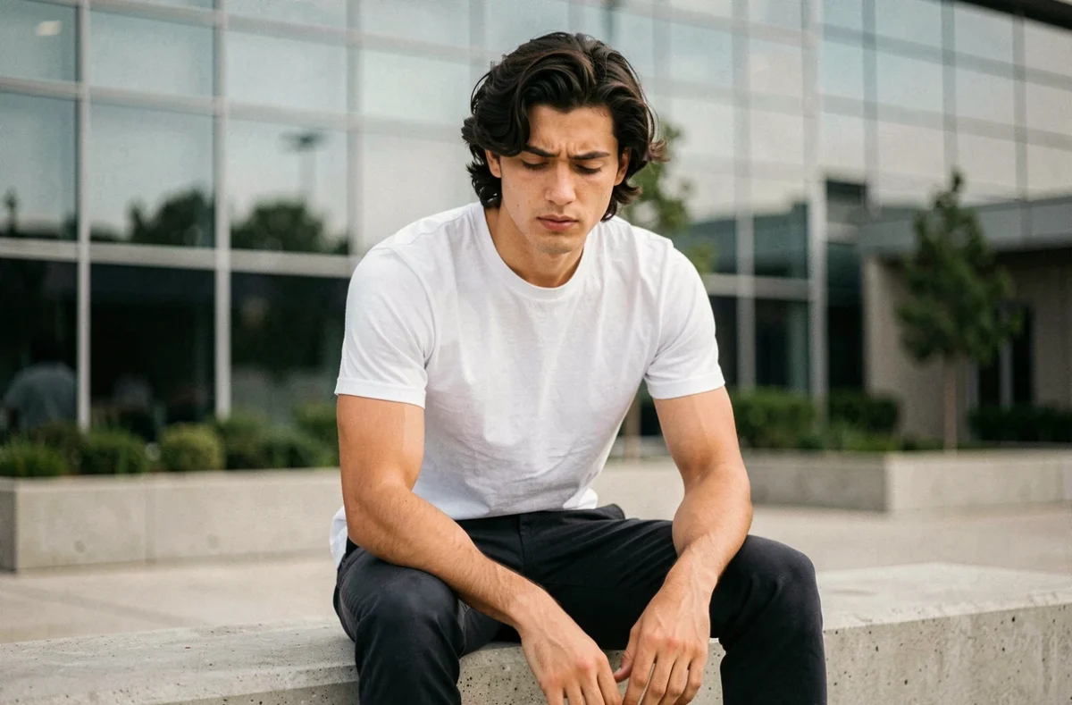 Portrait discret d'un jeune homme assis devant un centre sportif moderne, fils d'une légende du football