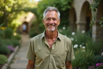 Portrait d'un homme souriant dans un jardin fleuri, ambiance naturelle et authentique