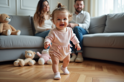 Bebe de 13 mois marchant seul dans le salon avec jouets
