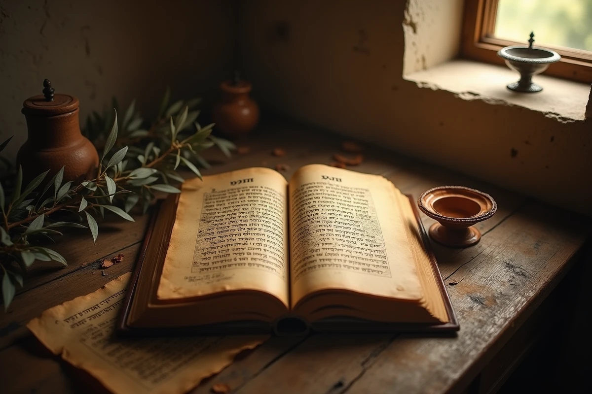 Livre ancien ouvert avec le prénom Noah écrit en calligraphie hébraïque, entouré d'objets spirituels antiques