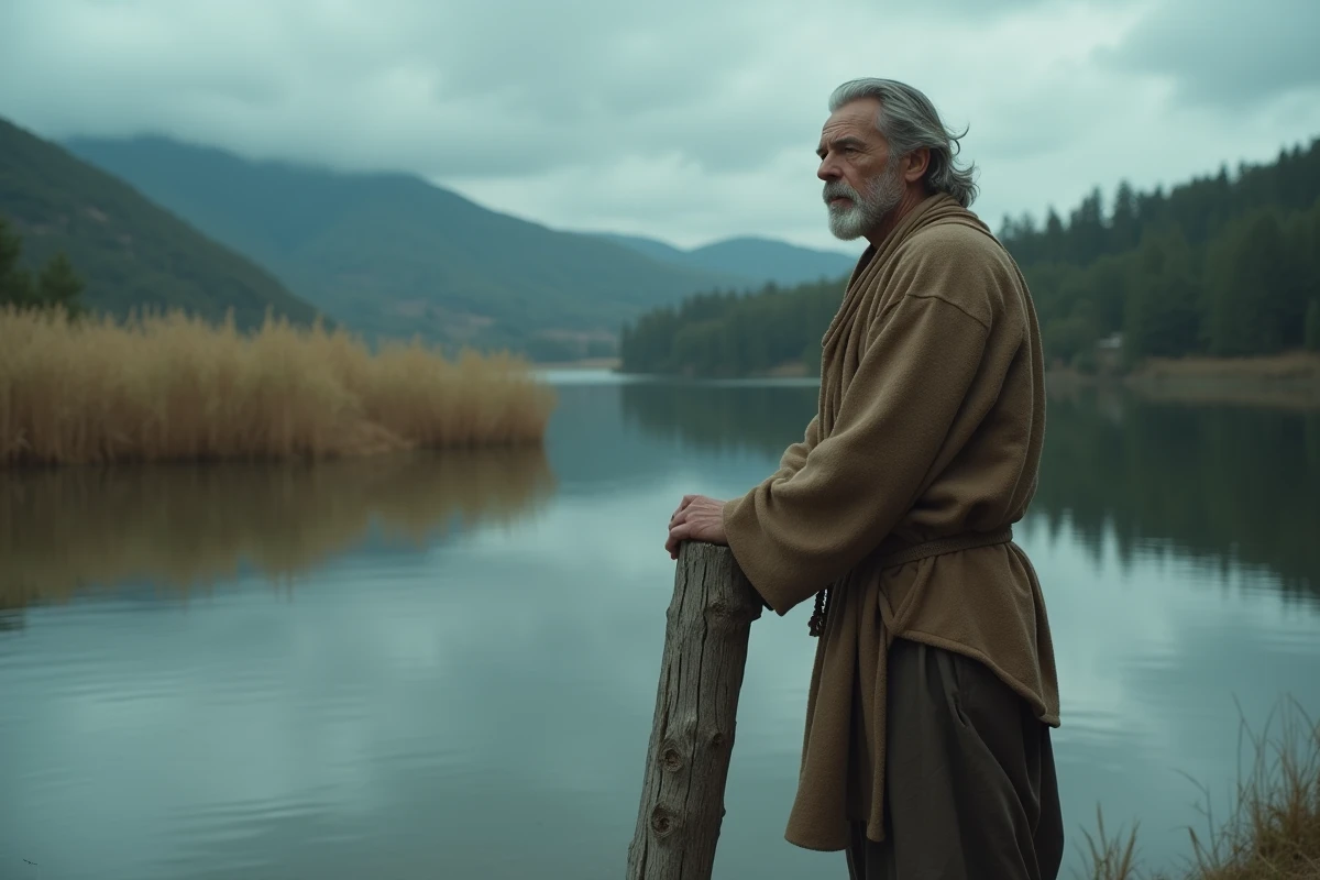 Homme représentant symboliquement Noé au bord d'un lac calme, atmosphère biblique et spirituelle