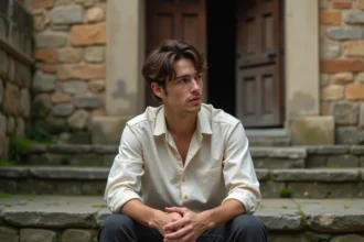 Jeune homme prénommé Noah assis sur les marches d'une chapelle ancienne, air contemplatif et spirituel