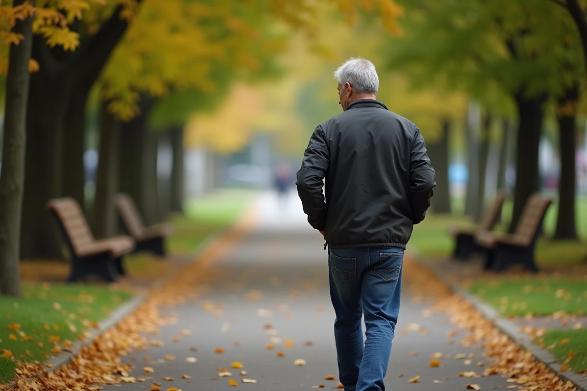 Homme marche dans un parc en automne contemplatif