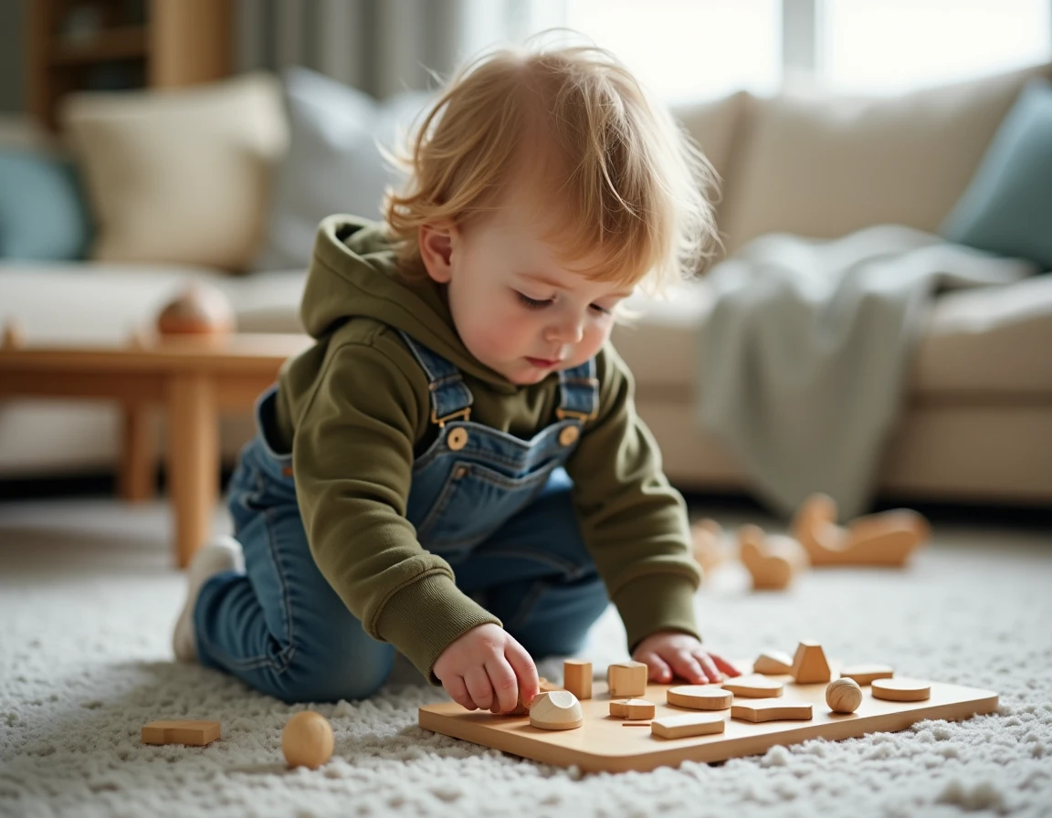 Bambin de 2 ans manipulant un puzzle en bois pour améliorer sa motricité fine et sa concentration
