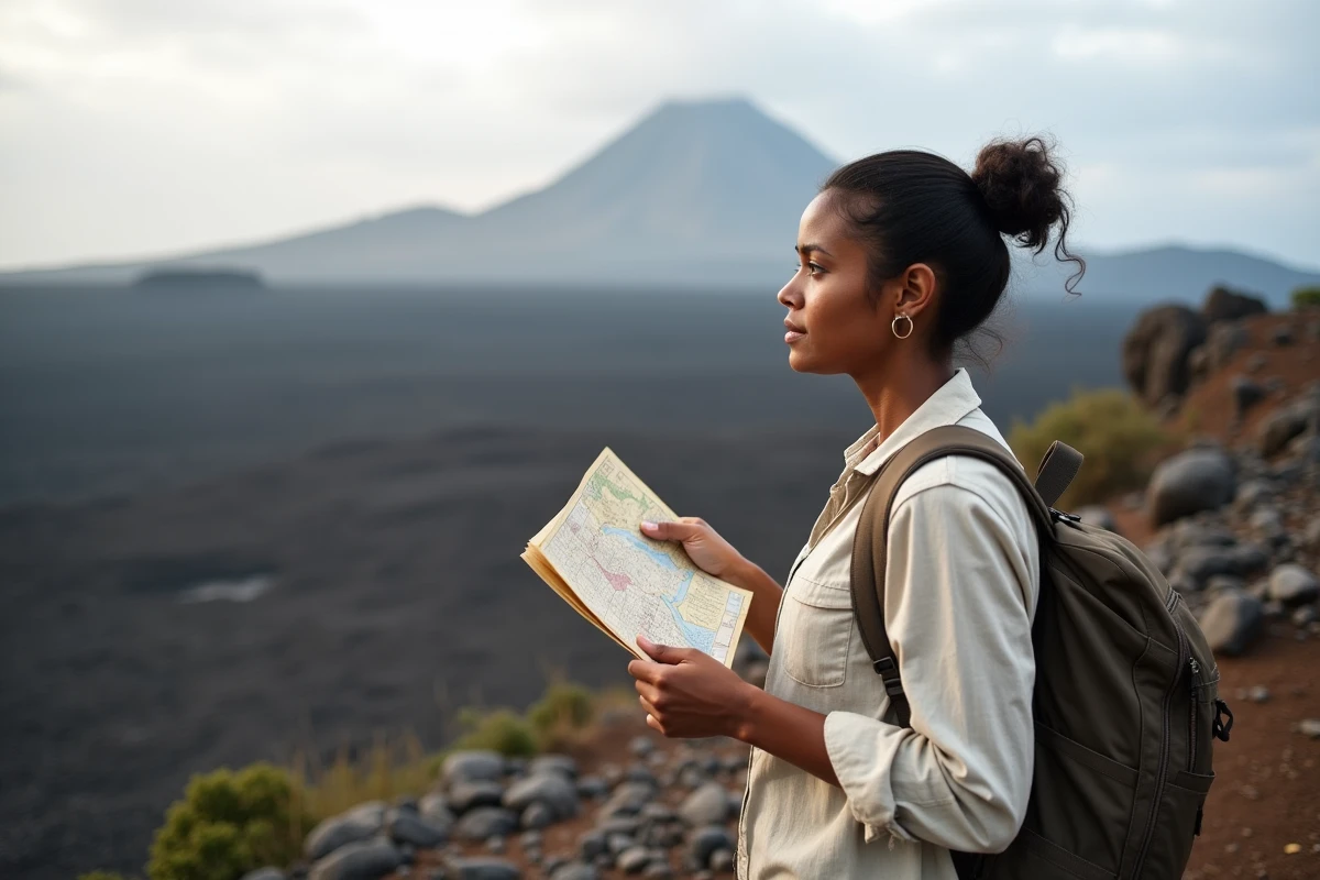 Femme créole consultant une carte de randonnée face au volcan Piton de la Fournaise à La Réunion pendant les vacances scolaires