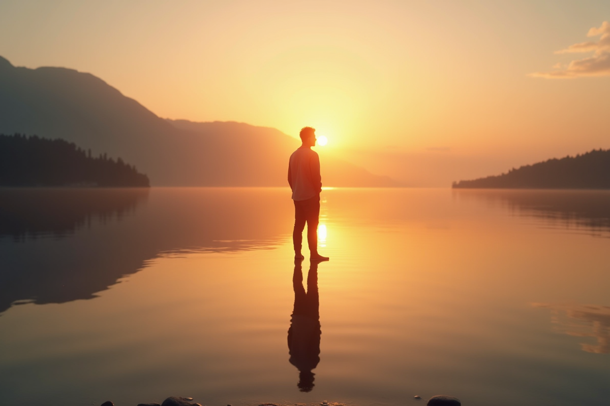 Personne réfléchissant au bord du lac au lever du soleil