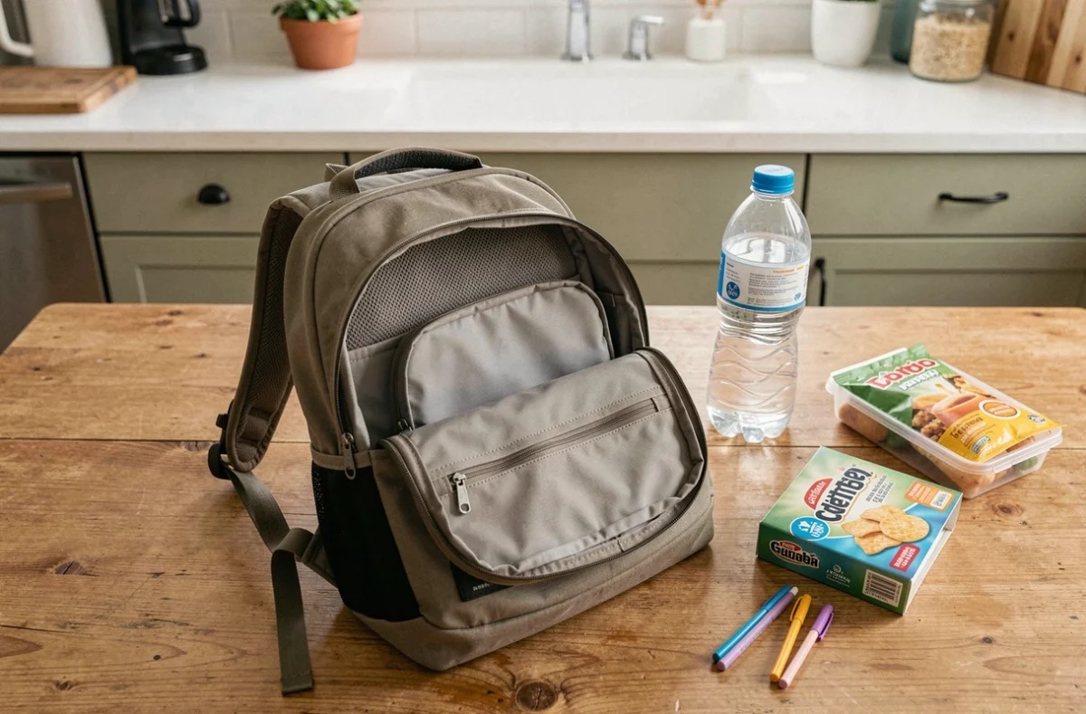 Sac à dos maternelle évolutif ouvert montrant son organisation intérieure avec compartiments et accessoires scolaires posés sur une table en bois