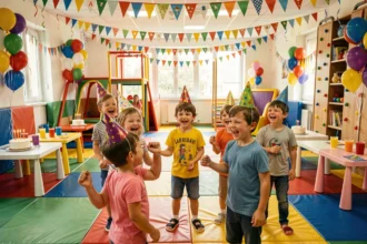 Groupe d'enfants en fête dans une salle d'anniversaire colorée du Grand Est