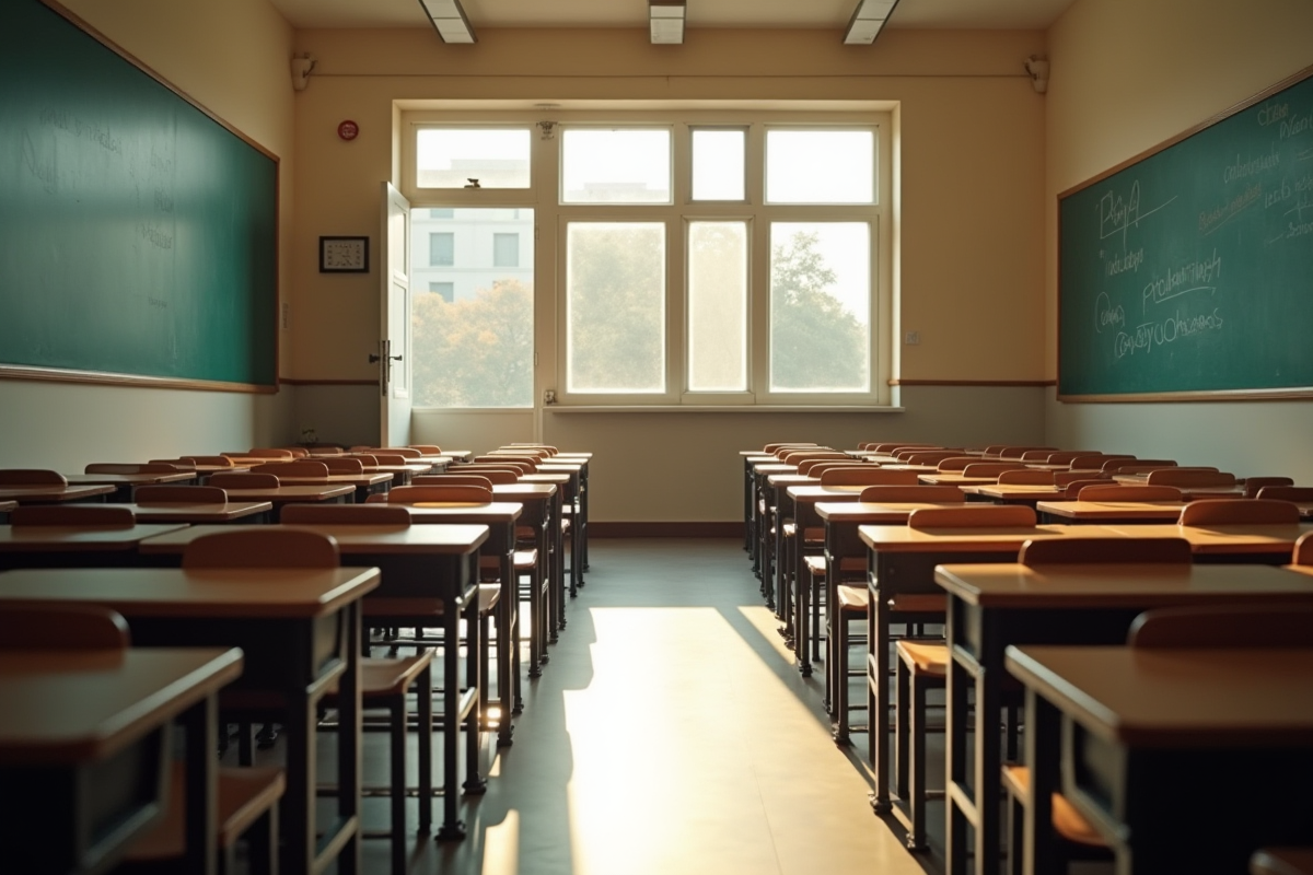 Salle de classe vide avec lumière naturelle et bureaux
