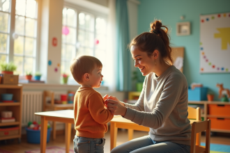 Classe maternelle chaleureuse avec une enseignante aidant un enfant à mettre un pull
