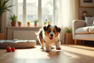 Salon lumineux avec chiot australien heureux explorant