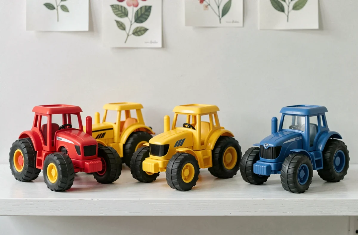 Sélection de jouets tracteurs agricoles pour bébé en plastique coloré exposés sur une étagère en bois blanc, comparaison de modèles ergonomiques