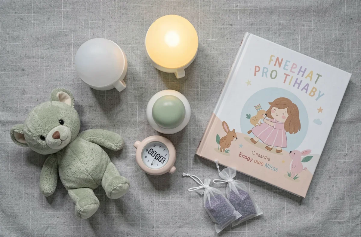 Vue de dessus d'une sélection de veilleuses pour enfants et d'un réveil lumineux posés sur un tissu en lin gris clair avec accessoires sommeil
