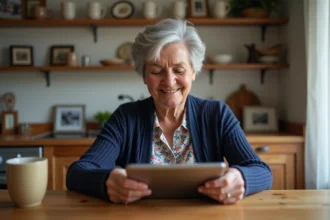 Femme senior souriante utilisant une tablette dans la cuisine