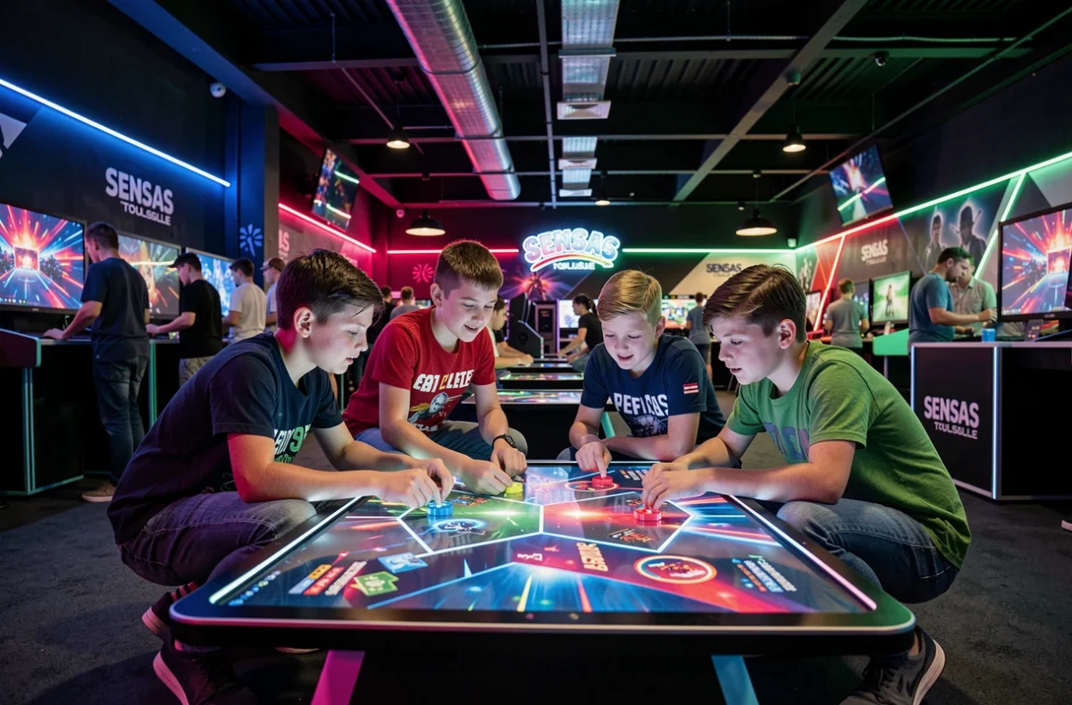 Enfants jouant ensemble à une table interactive chez Sensas Toulouse