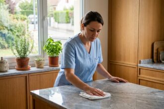 Employée de ménage professionnelle en tablier bleu nettoyant un plan de travail en marbre dans une cuisine moderne de maison individuelle à Brunoy