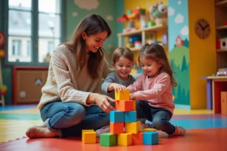 Mère et deux enfants de 3 à 5 ans jouant dans un musée interactif pour enfants en Île-de-France un mercredi pluvieux