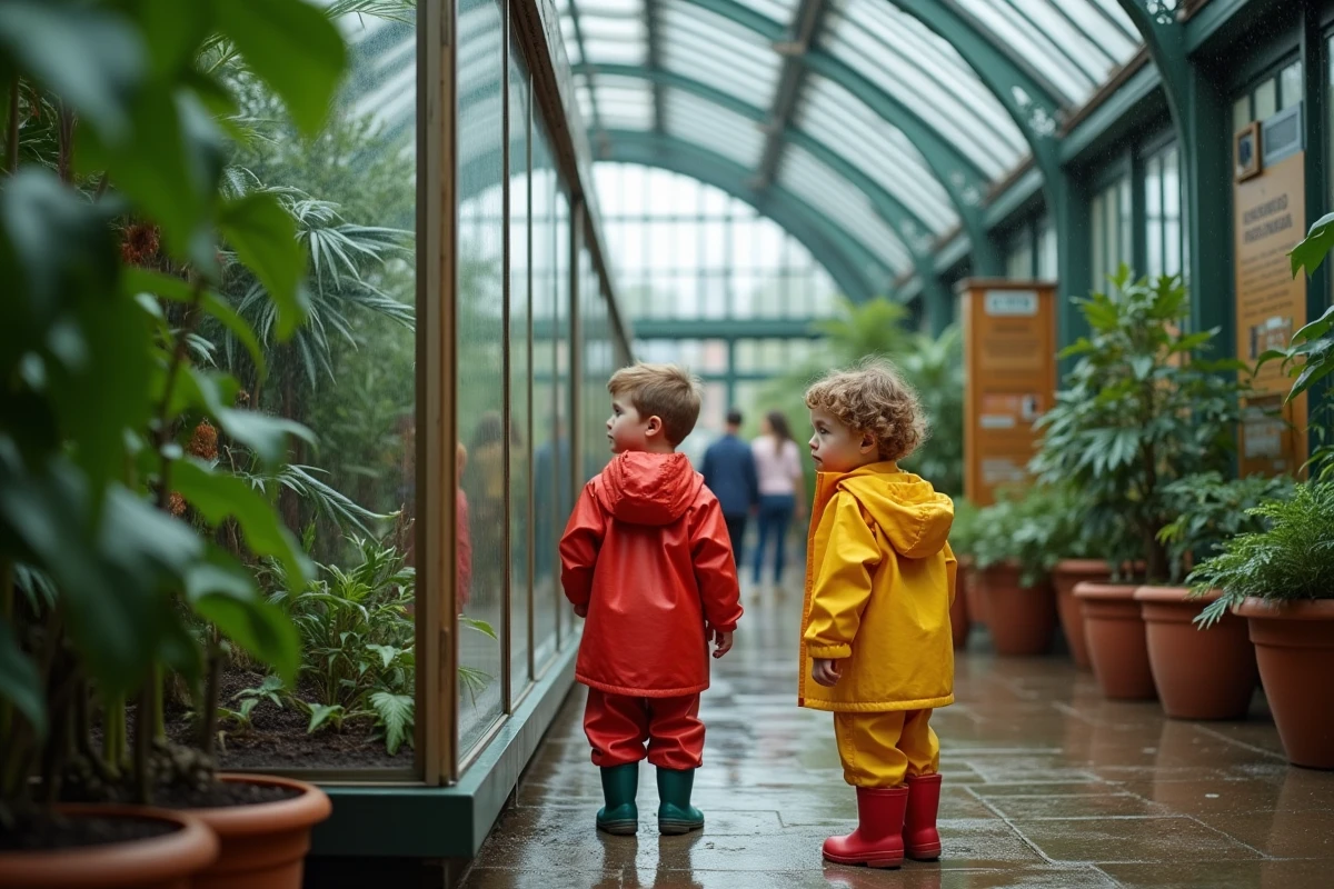 Deux enfants en imperméable découvrant une serre tropicale à Paris lors d'une sortie mercredi pluvieux en Île-de-France