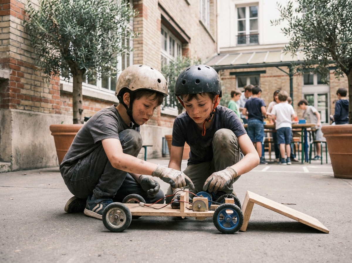Deux garçons casqués inspectant un véhicule artisanal lors d'un stage de construction et robotique pendant les vacances scolaires parisiennes